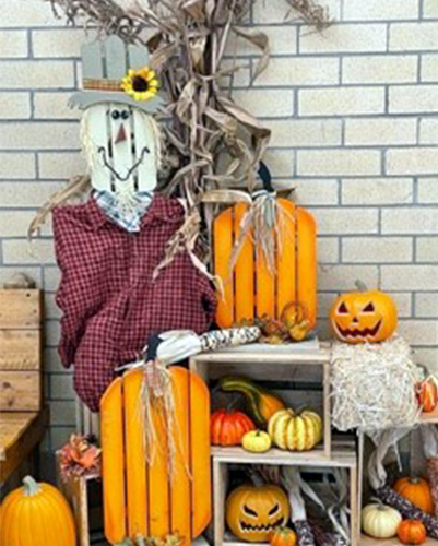 Main lobby decorated for fall with pumpkins