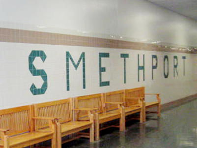 Smethport written in tiles in a hallway