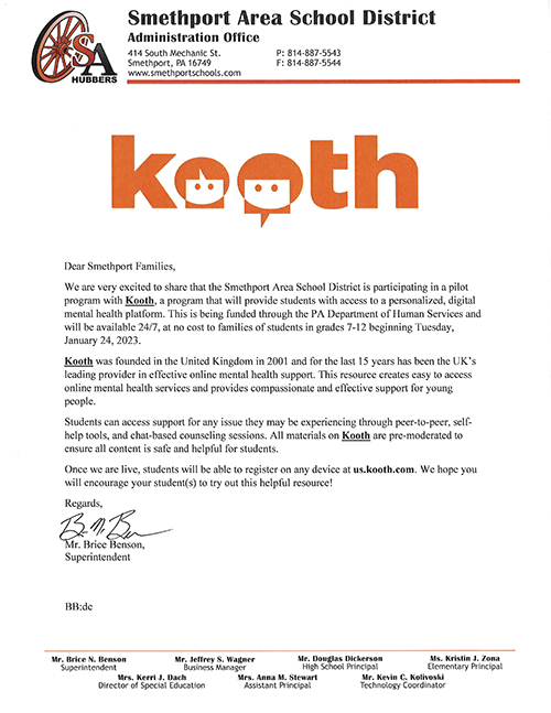 Partnership with Kooth letter to families